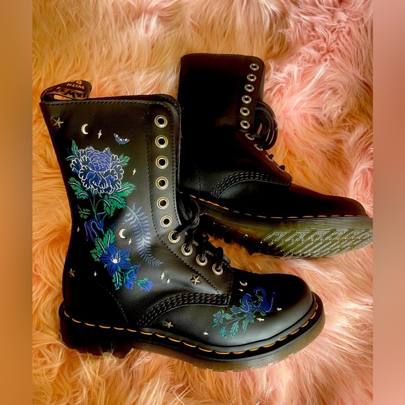 Martens 1490 “Mystic Floral” Leather Mid-Calf Black Combat Boots